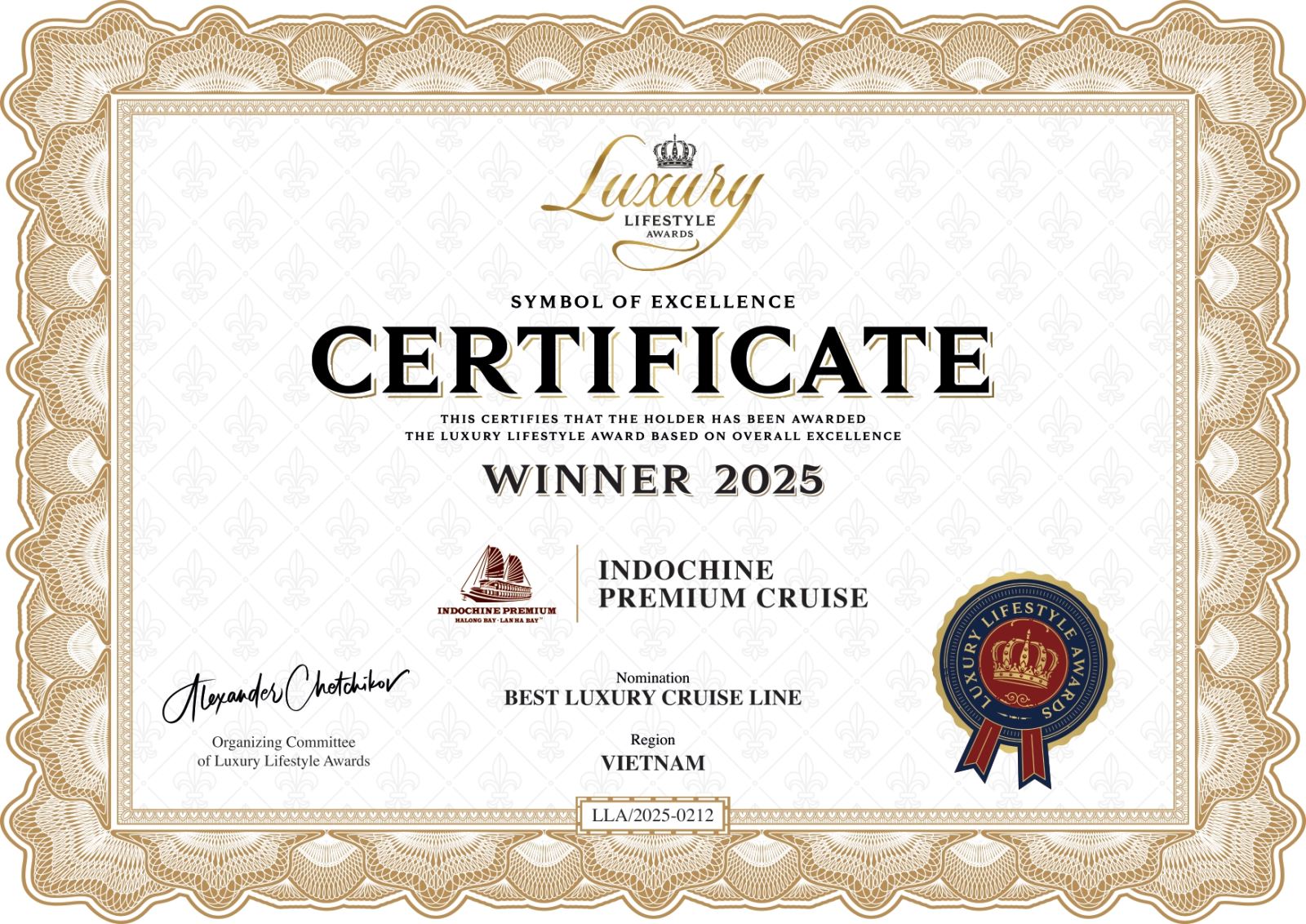 Indochine Premium cruise has been awarded by the prestigious from Luxury Lifestyle Award!